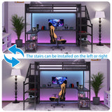 Queen Size Loft Bed with Desk,Metal Heavy Duty Queen Loft Beds with Stairs,Wardrobe and Shelves, High Gaming LoftBed with LED Light and USB Charging Station for Adults,Teens, Black Mirightone