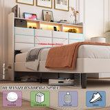 Etditrnp LED Bed Frame Queen Size with Storage Headboard, 2 Hidden Drawers and Charging Station, Velvet Bed Frames with Led Lights, Wooden Slats Support, Easy Assembly, No Box Spring Needed, Beige Etditrnp