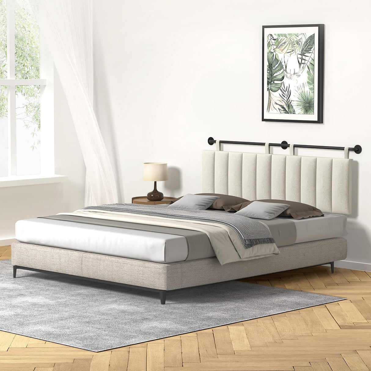 Adjustable Wall-Mounted Velvet Headboard for King Size Bed - Elegant Beige Design BSHOMGI