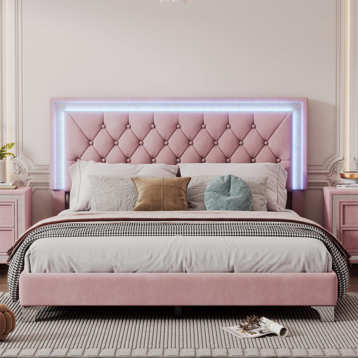 Merax Upholstered Platform Bed, Queen Size LED Velvet Fabric Wooden Bed Frame with LED Lights & Tufted Headboard for Bedroom, Wood Slat Support, No Box Spring Needed, Easy Assembly (Pink) Merax