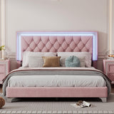 Merax Upholstered Platform Bed, Queen Size LED Velvet Fabric Wooden Bed Frame with LED Lights & Tufted Headboard for Bedroom, Wood Slat Support, No Box Spring Needed, Easy Assembly (Pink) Merax