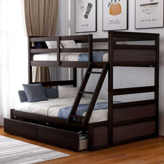 Twin Over Full Bunk Beds with 2 Under Bed Storage Drawers, Stronger & More Stable Bunkbed, Espresso