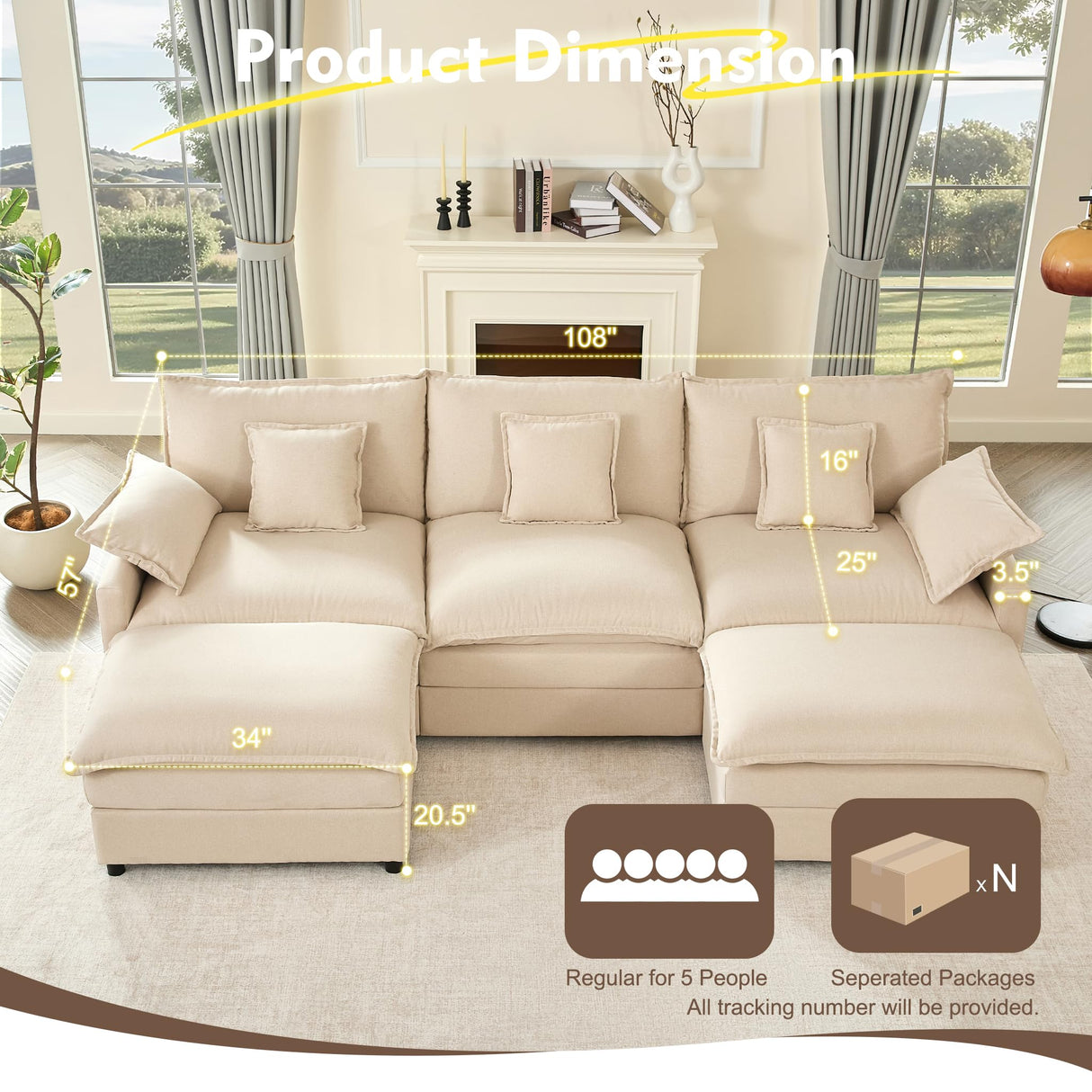 GOSUHI 108" U Shaped Couch, Modular Sectional Sofa, 3-Seater Comfy Cloud Couch with Movable Ottoman, Deep Seat Couches for Living Room, Linen, Beige GOSUHI