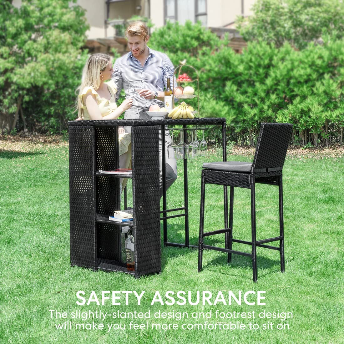 VIVOHOME Outdoor Wicker Barstool 4 Packs, Bar Chairs PE Rattan Materail, Patio Stools with Cushions, Black VIVOHOME