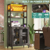 Aheaplus Bar Cabinet with Power Outlets, 67" Tall Wine Bar Cabinet Liquor Cabinet with LED Lights and Glass Holder, Coffee Bar Station for Living Room, Microwave Stand Bakers Rack Cabinet, Black Oak Aheaplus