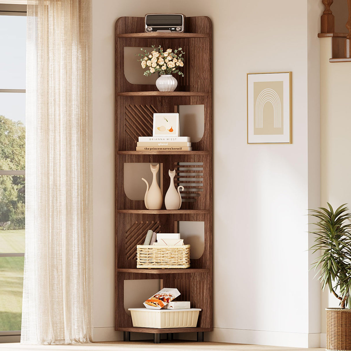 Tribesigns 6-Tier Tall Corner Shelf, 71-Inch Rustic Narrow Corner Bookshelf Bookcase with Square Rack, Freestanding Corner Display Storage Shelf Organizer for Living Room, Kitchen, Office, Brown Tribesigns