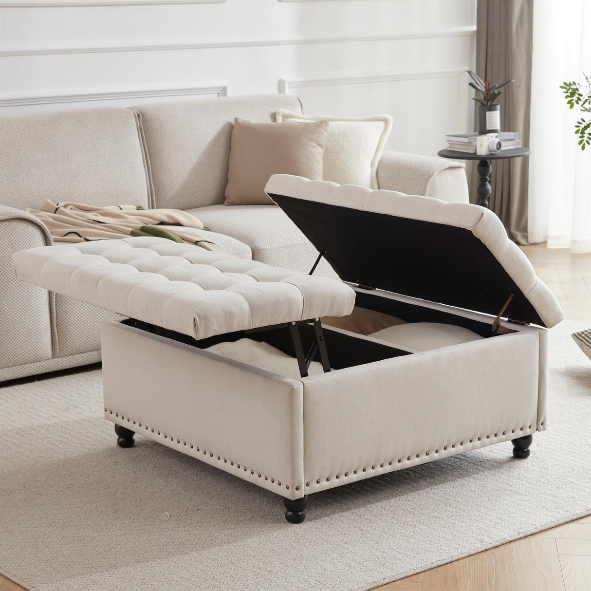 Tbfit Large Square Storage Ottoman Bench, Tufted Upholstered Coffee Table with Lift Top & Solid Wood Legs, Oversized Storage Ottomans Toy Box for Living Room (Beige) Tbfit