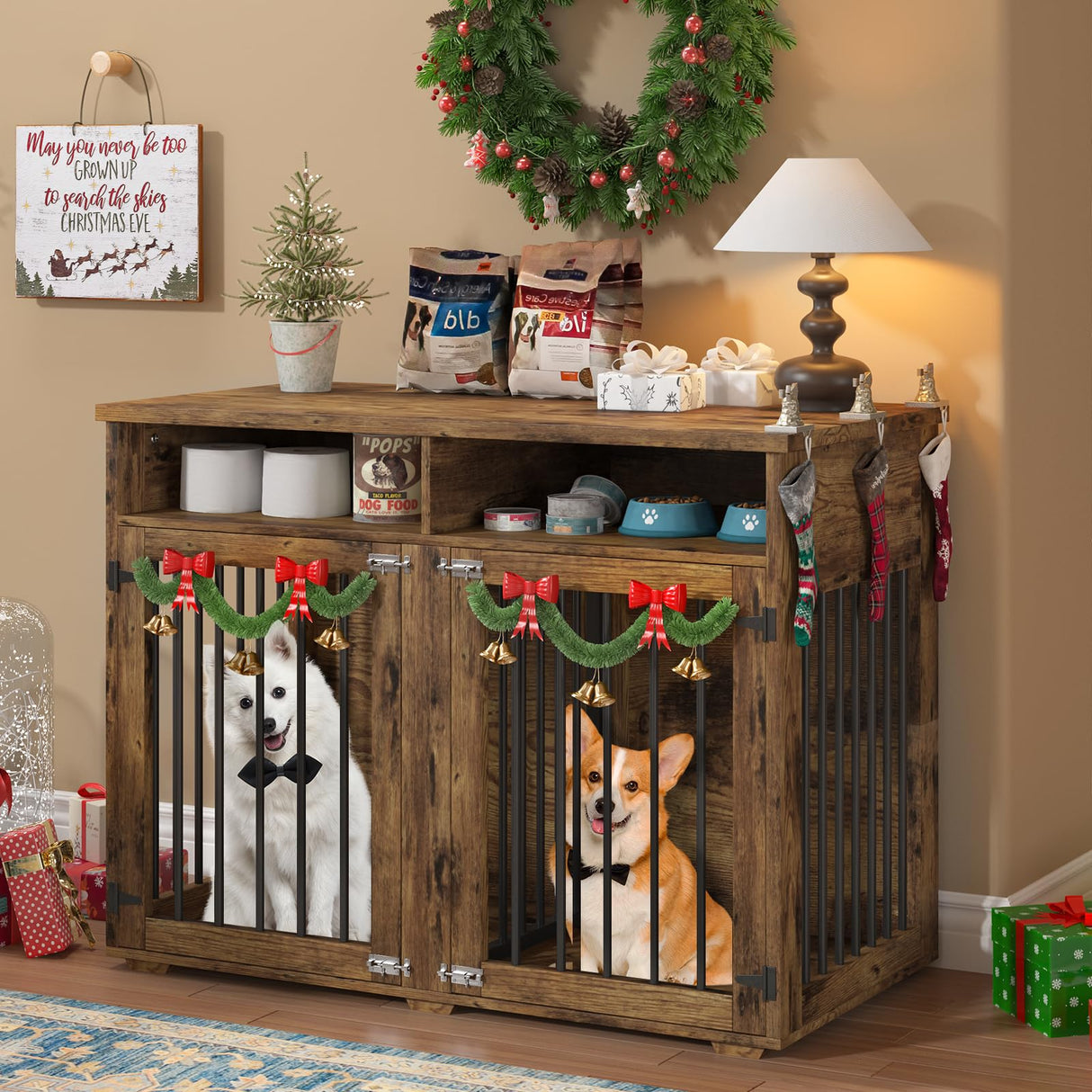 Dog Crate Furniture for 2 Dogs, 41 inch Dog Kennel Furniture with Removable Divider and Shelf Storage, Wooden Indoor Dog Crate for Large/Medium/Small Dogs, Rustic Brown, Farmhouse REVOMINCA