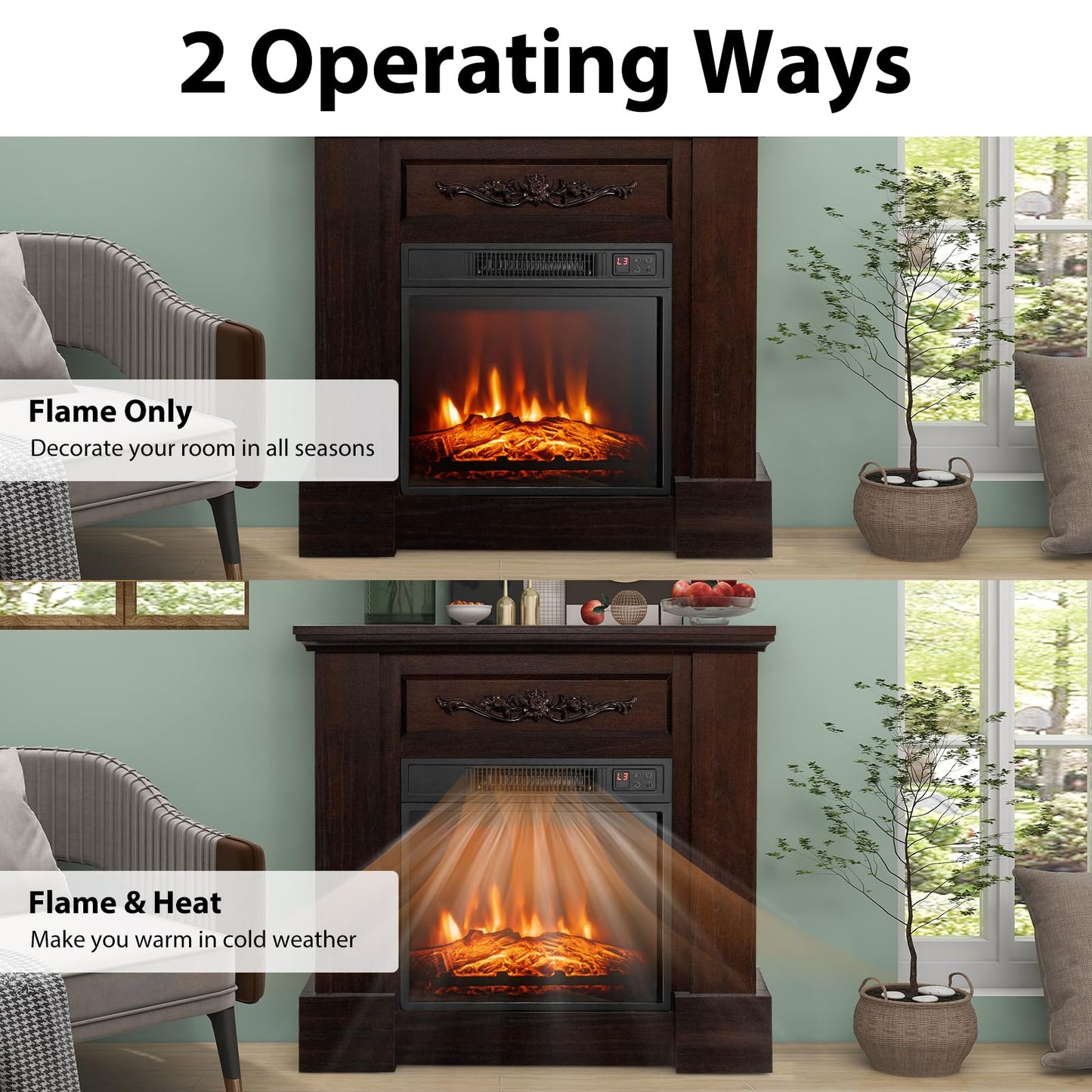 RELAX4LIFE 32-inch Electric Fireplace with Mantel - 1400W Fireplace Insert w/3 Flame Brightness, 6H Timer, Overheat Protection, Remote Control, Wood Surround Firebox with Fireplace Heater (Brown)