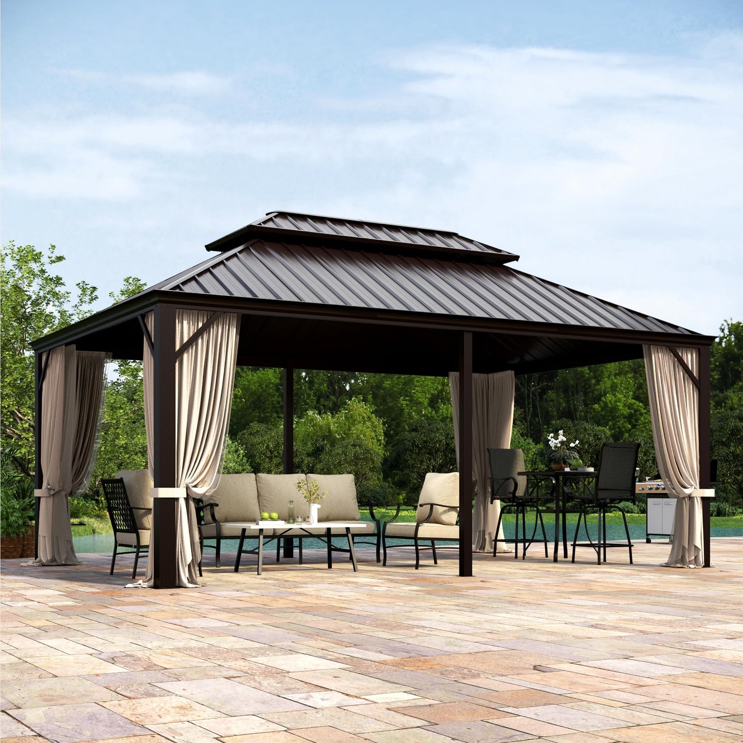 MIXPATIO 12' x 18' Hardtop Gazebo, Galvanized Steel Metal Double Roof Gazebo, Permanent Outdoor Metal Pavilion with Curtain and Netting for Deck, Backyard, Patio, Lawns - WoodArtSupply