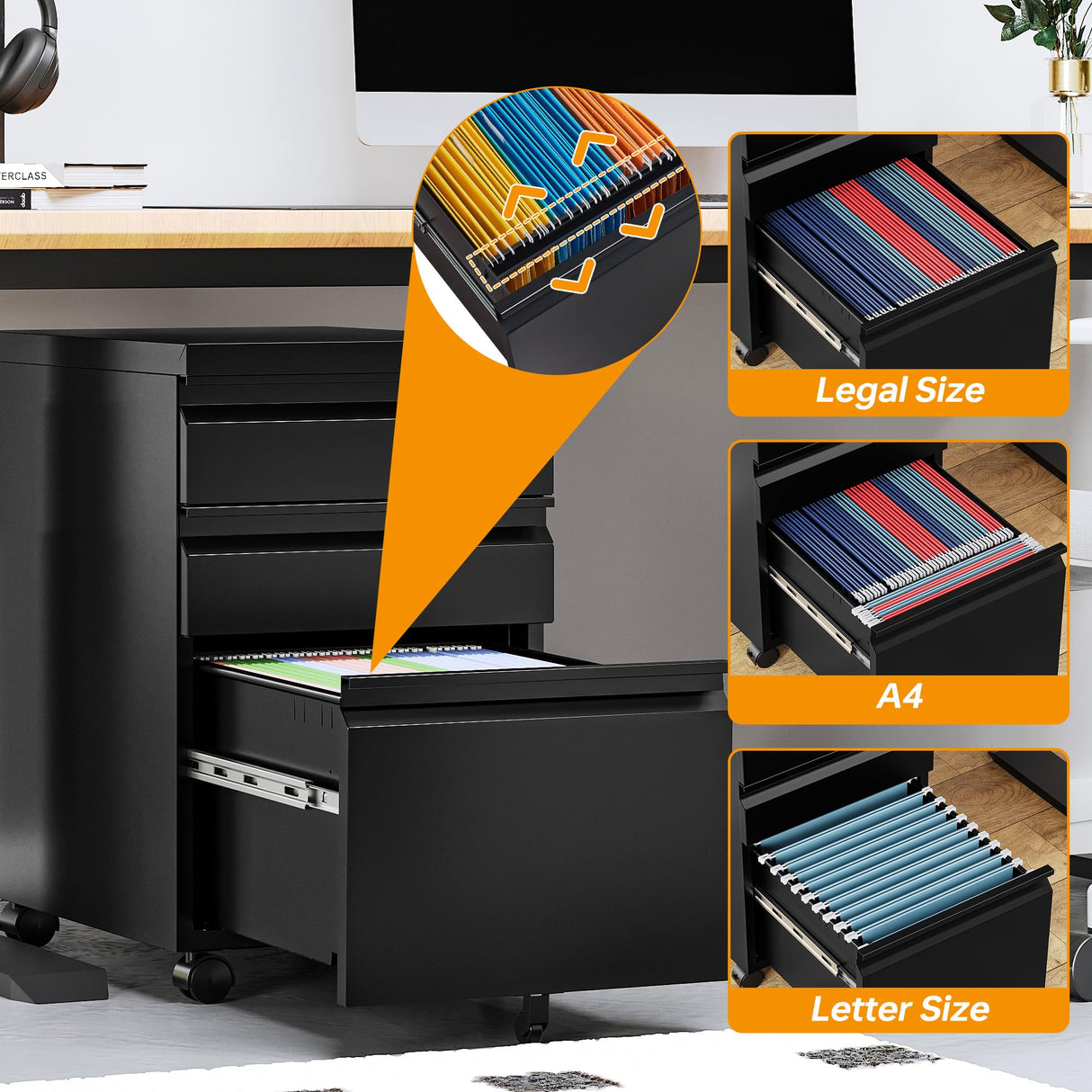 STANI 3 Drawer Mobile File Cabinet with Lock Under Desk Metal Filing Cabinet Locking Office Mobile Cabinet with Wheels Under Desk Office Drawers Rolling Mobile File Cabinet Assembly Required Black STANI