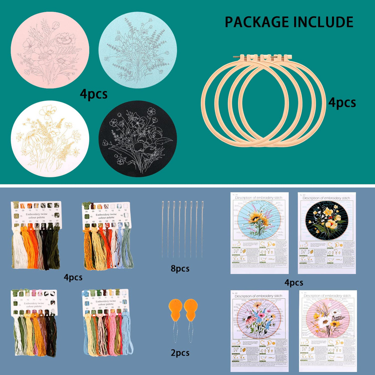 4 Sets Cross Stitch Embroidery Kits for Beginners Adults, Flower Stamped Pre Printed Cross Stitch Kits, Full Range of Embroidery Starter Kit with Instructions, 4PCS Embroidery Hoops, Threads and Tools MAMUNU