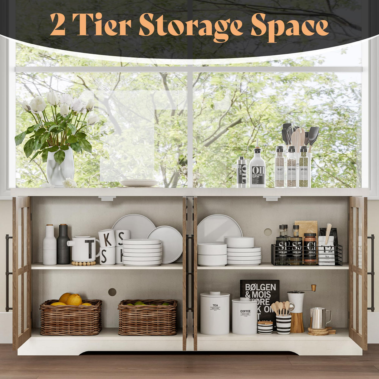 AMERLIFE 63" Buffet Sideboard Cabinet with Storage, Modern Farmhouse Cabinet with 4 Glass Doors & Adjustable Shelf, Wood Buffet Table Cabinet for Kitchen Dining Room Living Room, White AMERLIFE