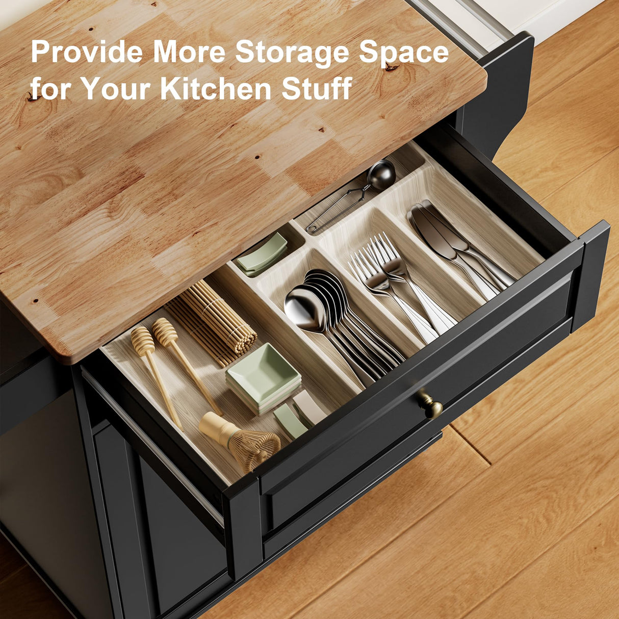 Gizoon Black Kitchen Island Cart with Rubberwood Top & Multi-Storage for Home and Dining Gizoon