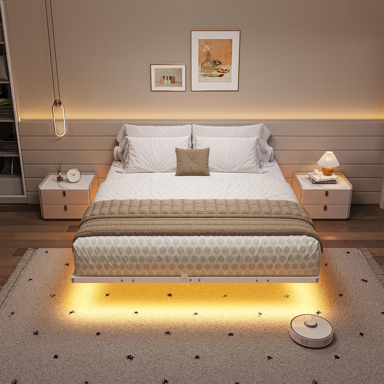 Hasuit Full Size Floating Bed Frame with LED Lights and No Box Spring Needed - WoodArtSupply