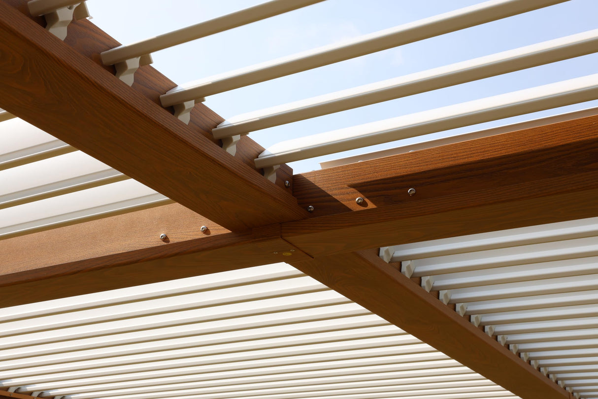 UPHYB Louvered Pergola 12x12ft, Adjustable Aluminum Pergola with Waterproof Curtains and Nets, Sun & Rain Shade for Patio, Modern DIY Outdoor Living Upgrade, Woodgrain UPHYB