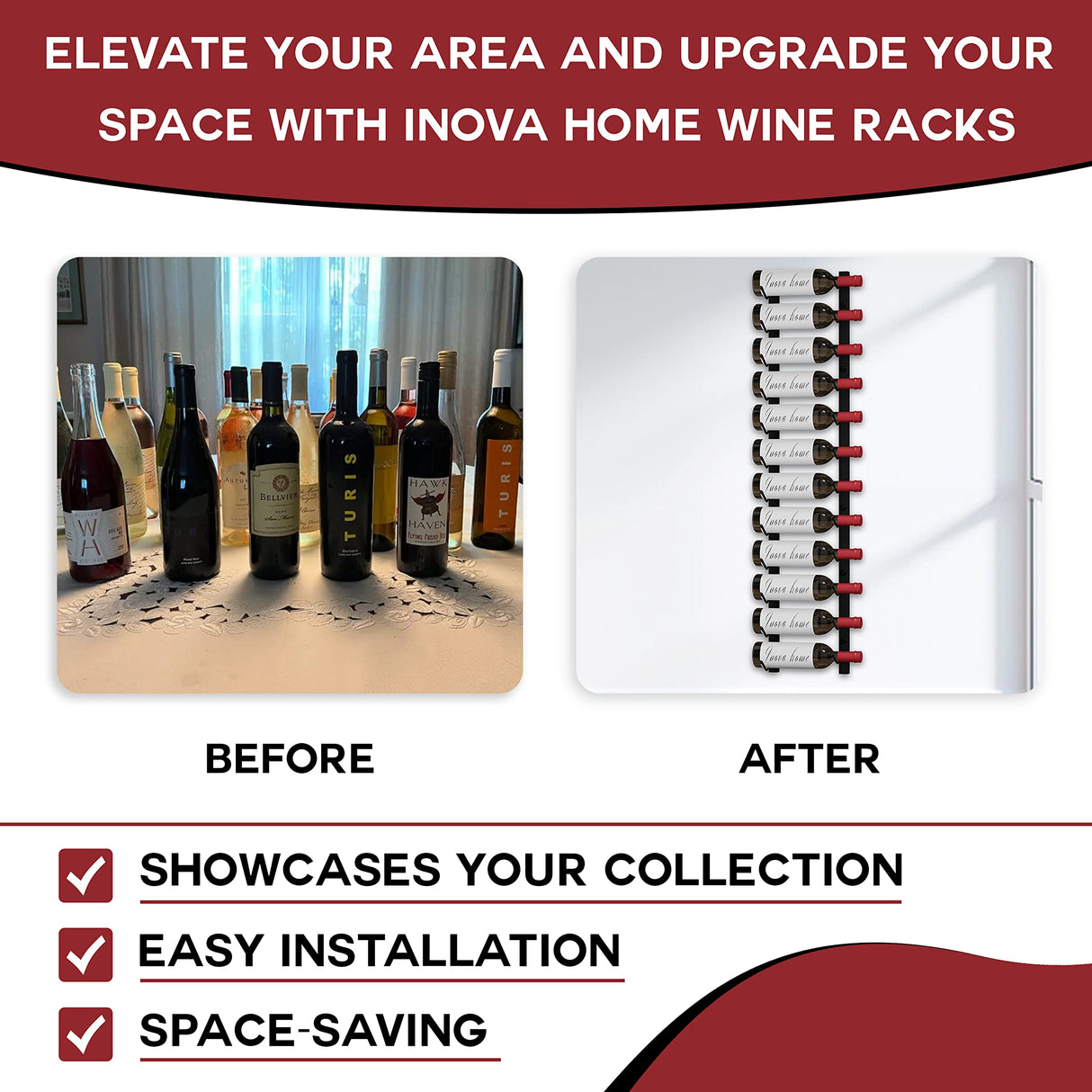 Luxinova Wine Rack Wall Mounted, Premium Black 12 Bottle Wall Wine Rack, Metal Wine Rack for Wine Display, Wall Racks for Wine Storage, Hanging Wine Shelf for Home Bar, All Mounting Hardware Included Luxinova