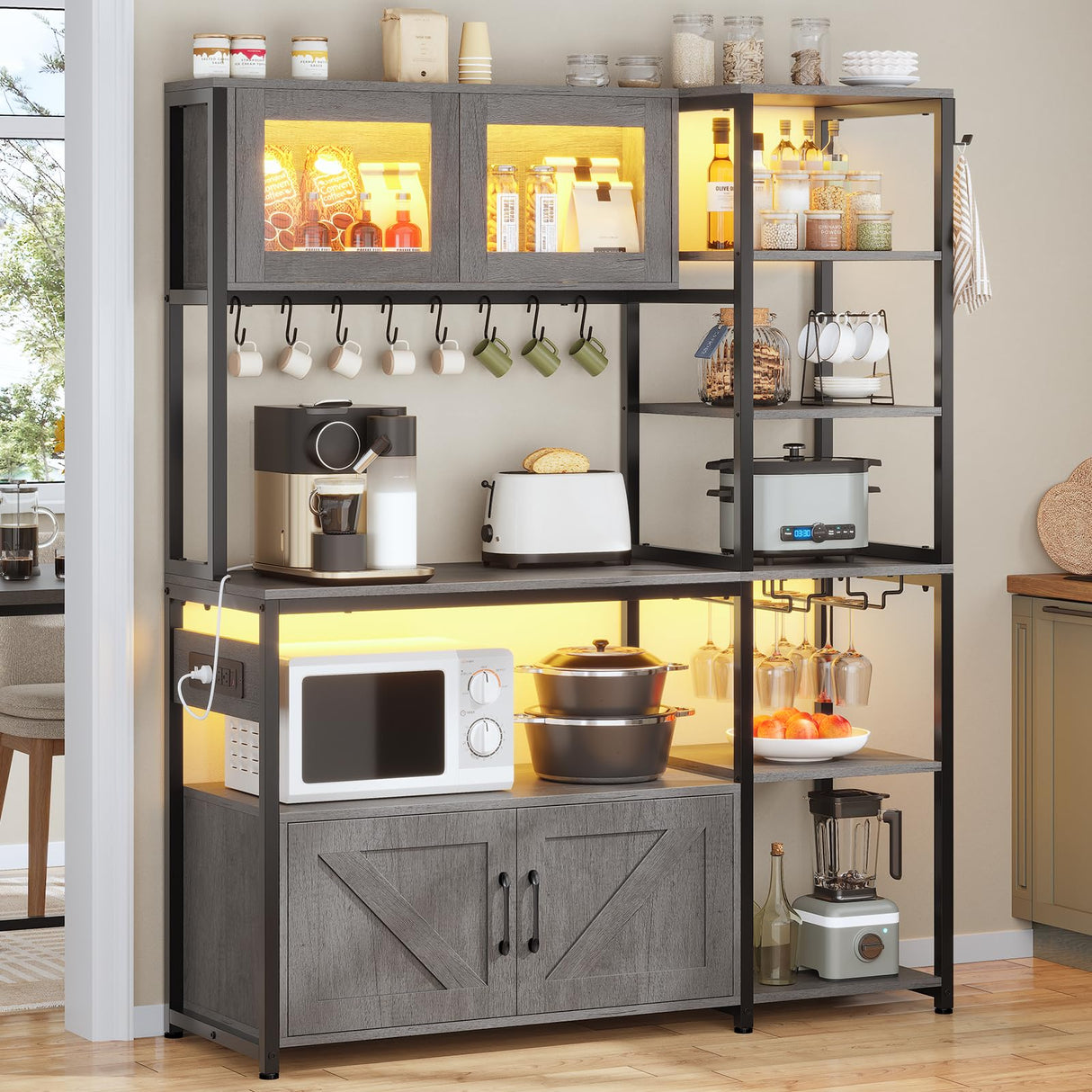 Itaar 45.3 Inch Farmhouse Bakers Rack with Power Outlet, LED Light and Storage Solutions in Grey Itaar