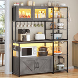 Itaar 45.3 Inch Farmhouse Bakers Rack with Power Outlet, LED Light and Storage Solutions in Grey Itaar