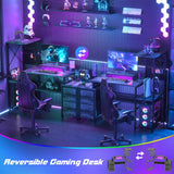 Small Gaming Desk with 2 Fabric Drawers - Reversible Computer Desk with Power Outlet & LED Lights, 49" Office Desk with Monitor Stand & Storage Shelves, Writing Study Table with Pegboard, Grey Oak Besiost