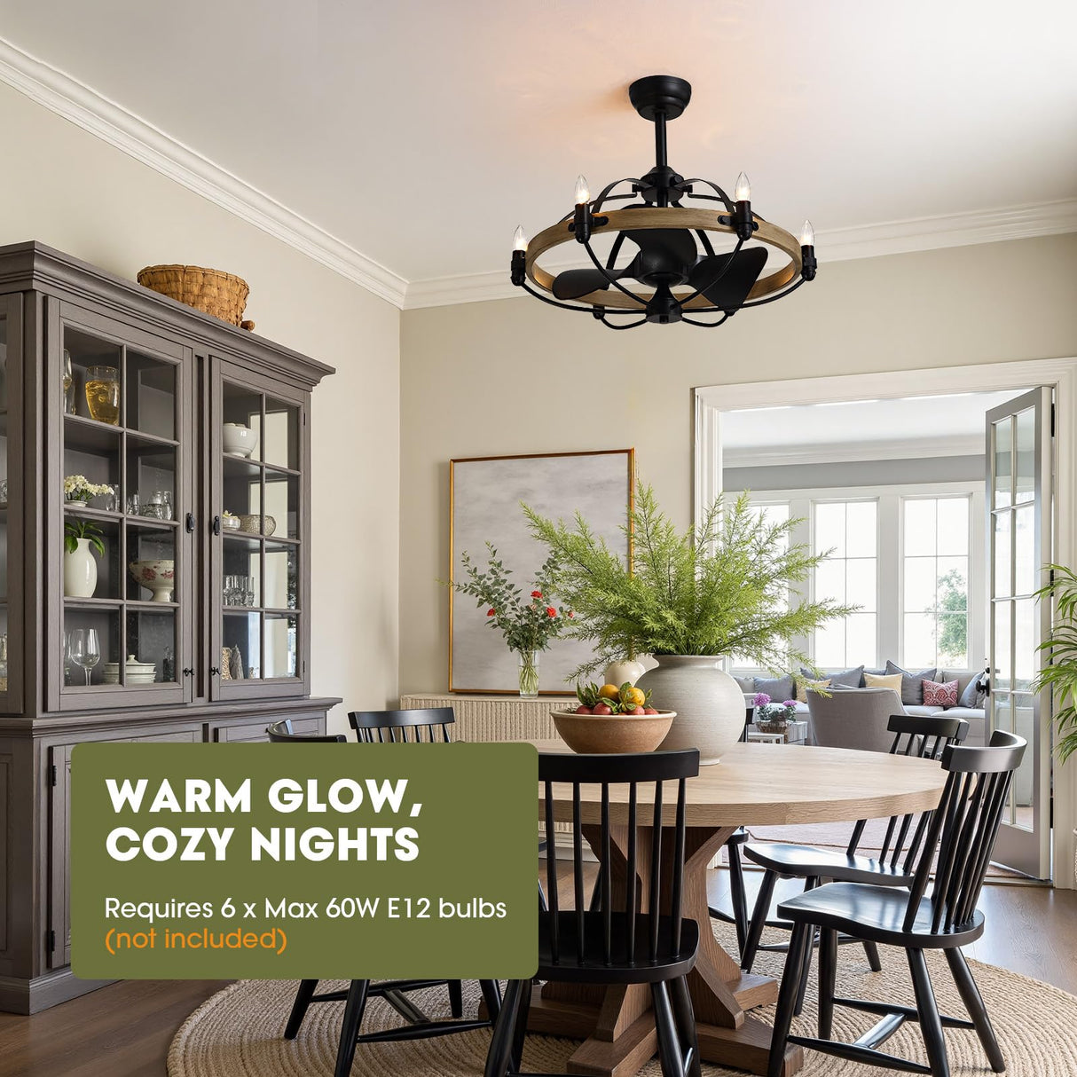 Industrial Caged Ceiling Fan with Lights, 27" Farmhouse Fandelier with Remote Control, 6-Speed Quiet Reversible Motor, E12 Base, Rustic Black and Wood Finish, No Bulbs Included Fansconce