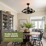 Industrial Caged Ceiling Fan with Lights, 27" Farmhouse Fandelier with Remote Control, 6-Speed Quiet Reversible Motor, E12 Base, Rustic Black and Wood Finish, No Bulbs Included Fansconce