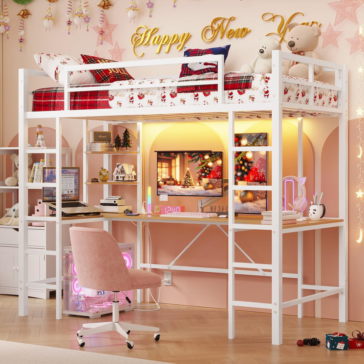 Hasuit Twin Size Loft Bed with U-Shaped Desk, Charging Station &LED Lights, Twin LED Loft Bed with Open Storage Shelves, Safety Guardrail & Double Ladder,No Box Spring Needed, White Metal Loft Bed Hasuit