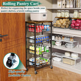 OKZEST Fruit Basket, 5-Tier Utility Kitchen Organizer and Storage Cart with Pull-Out Baskets and Wood Top, Rolling Pantry Kitchen Cart on Wheels for Fruit Potato Onion Vegetable Snack Produce OKZEST