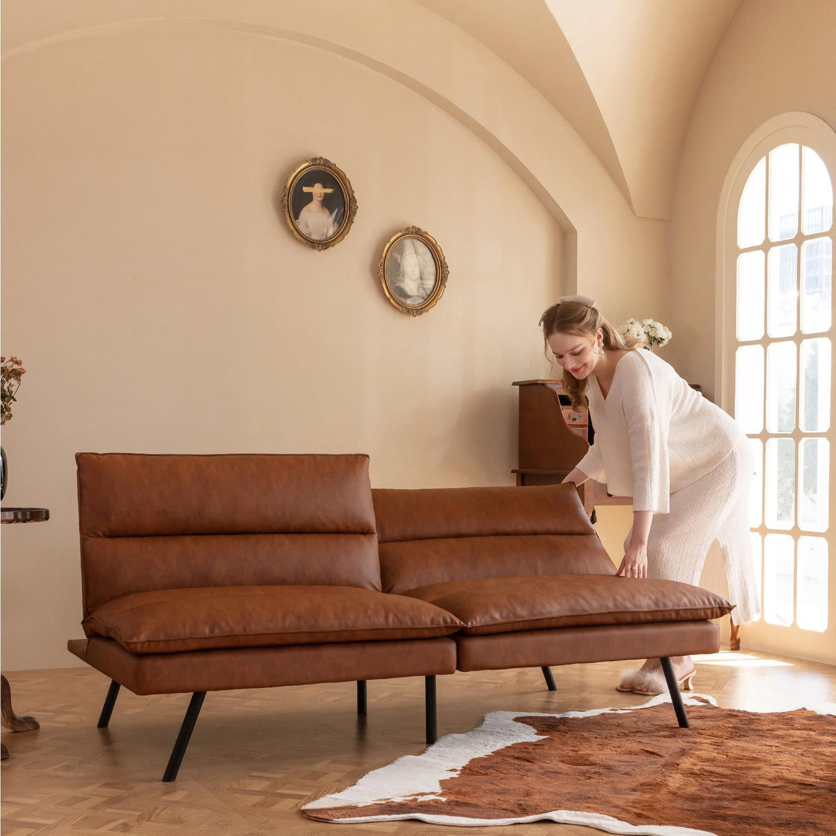 Futon Sofa Bed, Memory Foam Futon Couch with Adjustable Backrest, Multi-Functional Design Convertible Sofa Bed, Space-Saving Sleeper Sofa for Living Room(New Brown) MLILY