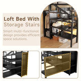 Full Size Loft Bed with LED Light & TV Table, Adults Loft Beds with Charging Station & Storage Bookcase, Wardrobe, Heavy-Duty Metal Lofts Frame with Stairs for Kids, Teens & Youth Dorms, Black Mirightone
