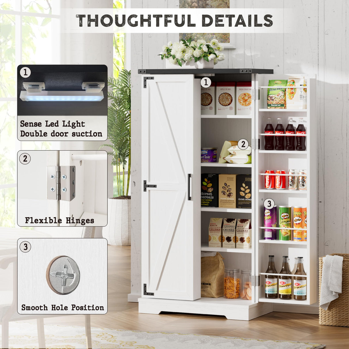 50" Kitchen Pantry Farmhouse Storage Cabinets - Led Food Cabinets Cupboards with 2 Barn Doors and Shelves Adjustable for Small Space in Dinning or Living Room, in Distressed White Furnaza