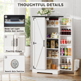 50" Kitchen Pantry Farmhouse Storage Cabinets - Led Food Cabinets Cupboards with 2 Barn Doors and Shelves Adjustable for Small Space in Dinning or Living Room, in Distressed White Furnaza
