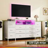 EnHomee 55" W Dresser for Bedroom with LED Lights & Charging Station 12 Drawer Dressers & Chests of Drawers Dresser TV Stand for Bedroom for Hanging 65" TV, Metal Frame & Fabric Drawers, White EnHomee