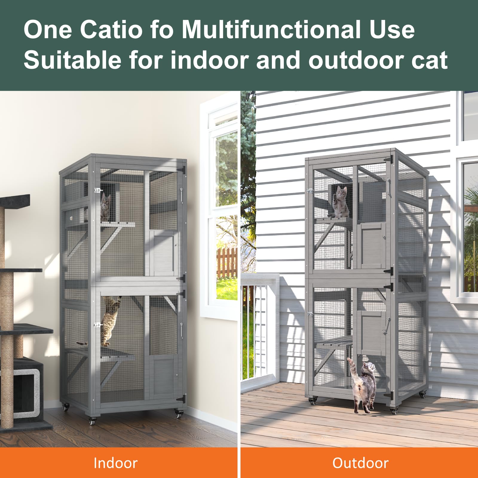 TIMHAKA 4 Tiers Cat Catio Outdoor Cat Enclosure, Cat House Outdoor Catio with Sunshine Panel Waterproof Roof, Large Enclosure with Run on 4 Wheels, Cat Cage with Removable Wood Bottom and PVC - WoodArtSupply