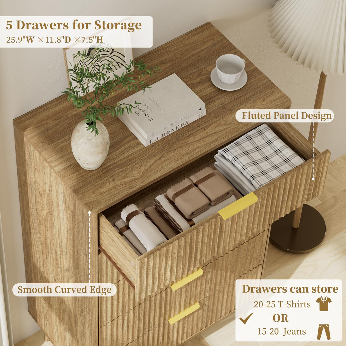 LYNSOM Fluted 5 Drawers Dresser, 45" Tall Modern Chest of Drawers with Metal Handle and Curved Profile Design, Wood Drawer Organizer for Bedroom, Living Room, Hallway, Entryway, Natural Oak LYNSOM