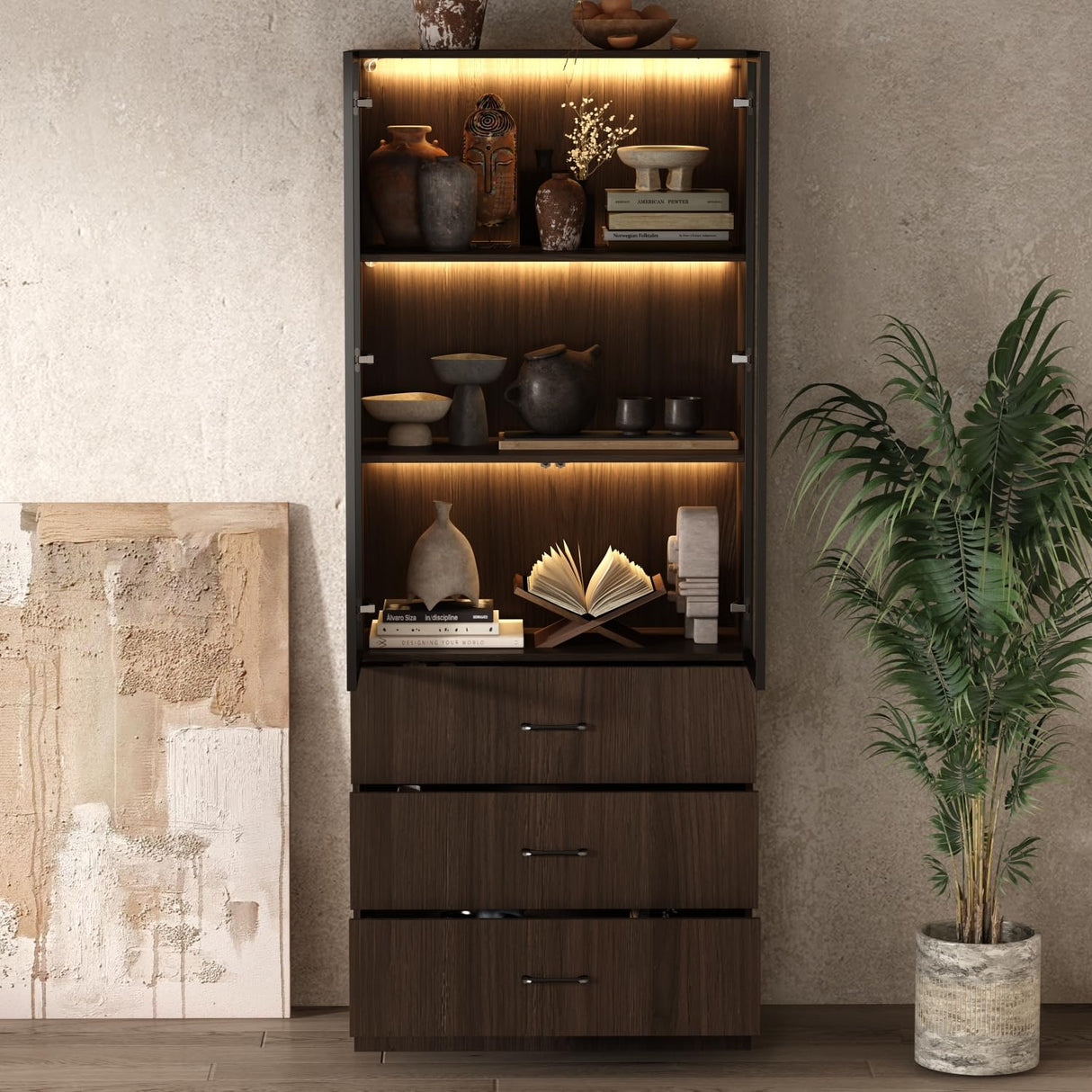 Homsee 31.5”W Storage Display Cabinet Curio Cabinet with Light & Pop-up Glass Doors, Bookcase with 3-Tier Shelves & 3 Drawers for Living Room/Home Office, Dark Brown (31.5”W x 15.7”D x 78.7”H) Homsee