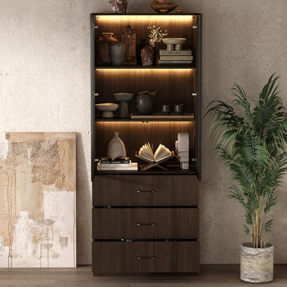 Homsee 31.5”W Storage Display Cabinet Curio Cabinet with Light & Pop-up Glass Doors, Bookcase with 3-Tier Shelves & 3 Drawers for Living Room/Home Office, Dark Brown (31.5”W x 15.7”D x 78.7”H)