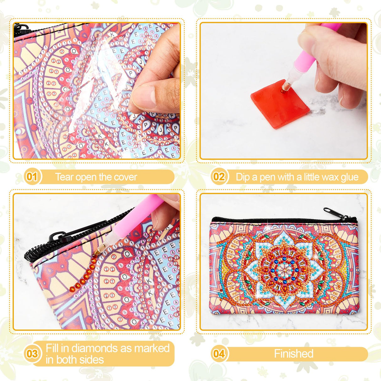 Silkfly 4 Pcs Diamond Painting Art Makeup Bags DIY Purses Toiletry 5d Handmade Double Design Diamond Painting Cosmetic Bags Bulk with Zipper Rhinestone Accessories for Women(Mandala) Silkfly