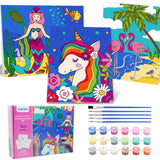 goldentime 3 Framed Canvas Paint by Numbers for Kids Ages 6 8 10 12 –Easy Paint by Numbers Kit for Kids and Adults –Unicorn Painting Kit for Girls, Mermaid Crafts for Girls Ages 6-8-12… goldentime
