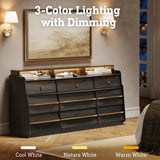 63" W 9-Drawer Black Dresser for Bedroom, Modern Wood Chest of Drawers w/LED Light, Round Knobs & Solid Wood Handles, Long Wooden Dresser TV Stand w/Shelf for TVs up to 75", Curved Profile Design STO'SENSE