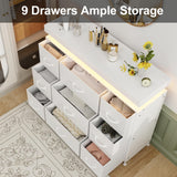 Tohomeor TV Stand 9 Drawer Dresser with Power Outlet LED Lights, Modern Chest of Drawers Fabric Drawers with PU Finish Small TV Console Table Dresser for Living Room (White, 9 Drawers) Tohomeor