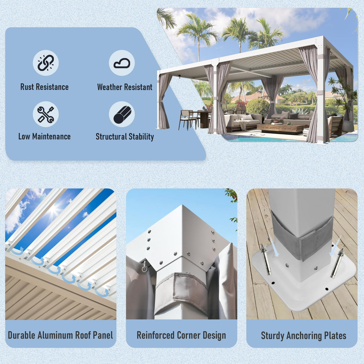 YOLENY Louvered Pergola 10x20, Aluminum Gazebo with Adjustable Waterproof Roof, Curtains and Netting Included, Deck and Backyard, White YOLENY