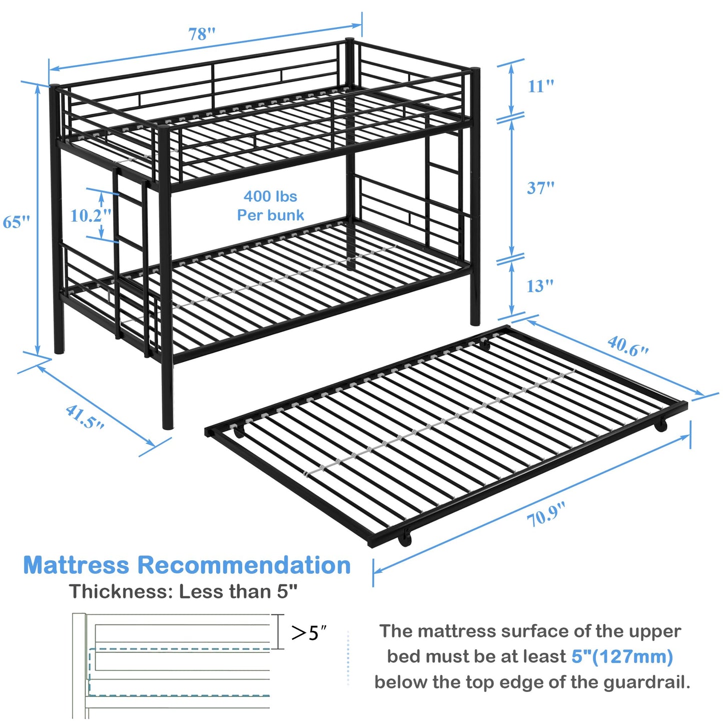 VECELO Twin Over Twin Bunk Bed with Trundle, Metal Bunkbeds with Ladder and Full-Length Guardrail, Noise Free, No Box Spring Needed, Black