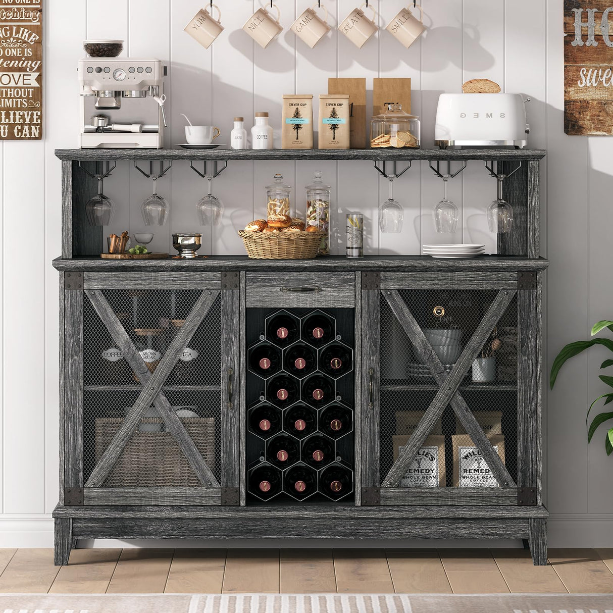 Wine Cabinet, Coffee Bar Cabinet with Storage, 54" Liquor Cabinet Bar for Home, Wine Bar Cabinet with Glass Rack, Drawer and LED Lights, Farmhouse Buffet Sideboard for Dining Room, Kitchen, Grey JOINICE