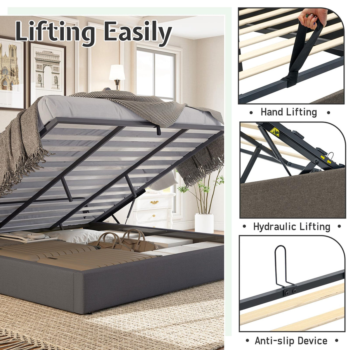 Jocisland King Size Lift Up Storage Bed Frame, Linen Upholstered Platform Bed with Vertical Channel Tufted Headboard and Wingback, Hydraulic System, No Box Spring Needed, Wood Slats Support, Dark Grey Jocisland