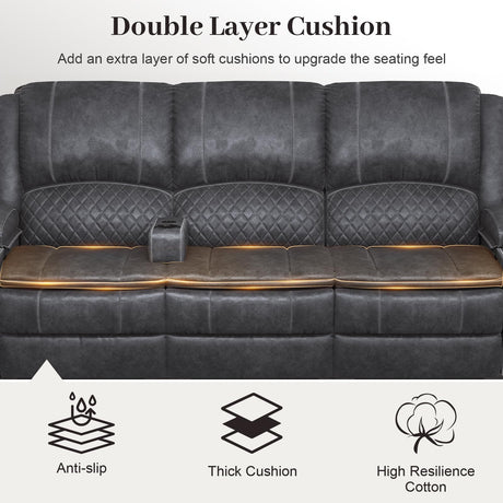 Yolsali 3-Seater Recliner Sofa, Manual Reclining Couch with Multi-Functional Middle Seat, Reclining Sofa for Living Room with Hidden Storage Space, Cup Holders, and Removable Console - Grey Yolsali
