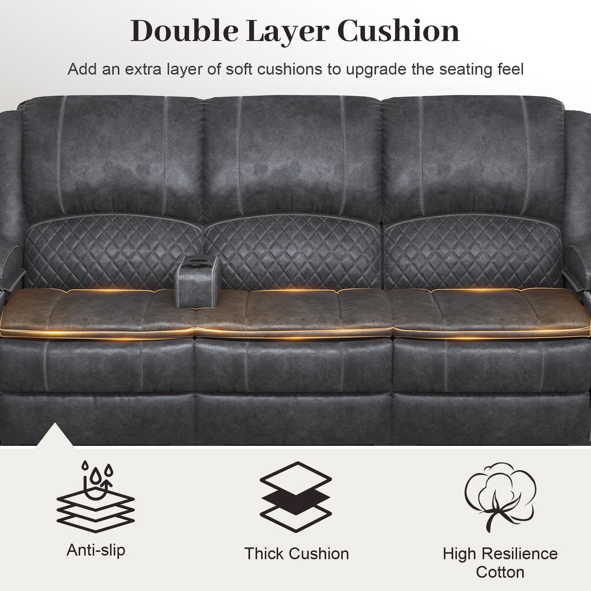 3 Seater Recliner Sofa Set with 2-Tier Cushion, 3+1+1 Pieces in Living Room, 3 Seater Reclining Couch Velvet Fabric with Removable Console, 2 Oversize Recliner Chair Sofa Seat - Grey Yolsali