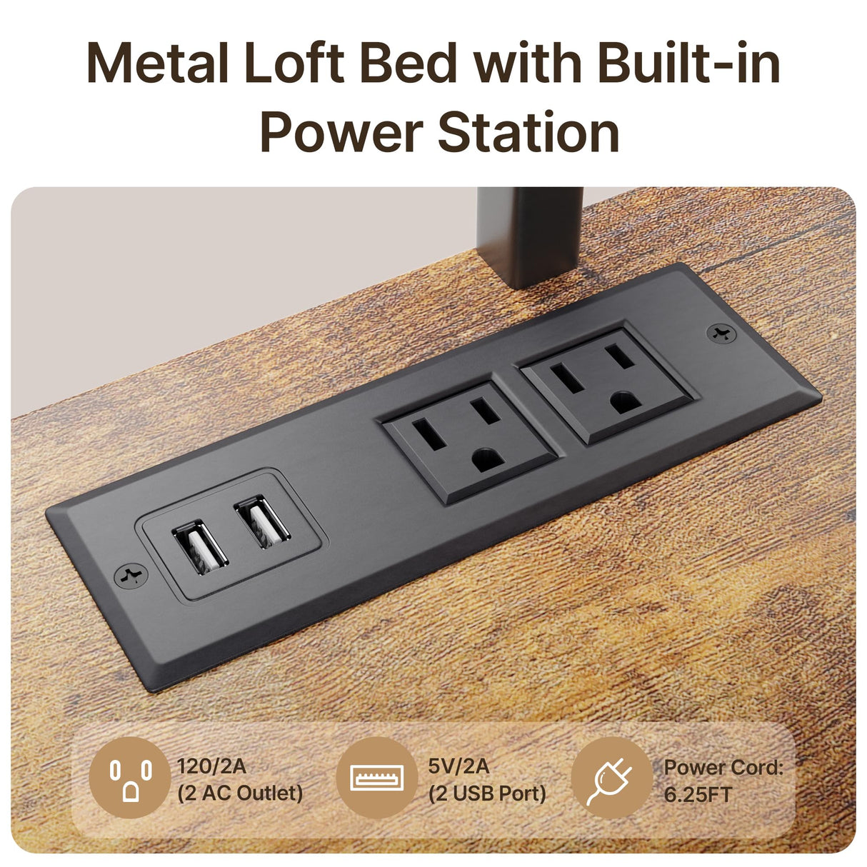 Gizoon Loft Bed Twin Size, Twin Loft Bed with Desk and LED Lights, Charging Sation & Storage Shelves, Heavy Duty Metal Bed Frames with Safety Guard & Ladder, No Box Spring Needed, Space-Saving, Brown Gizoon