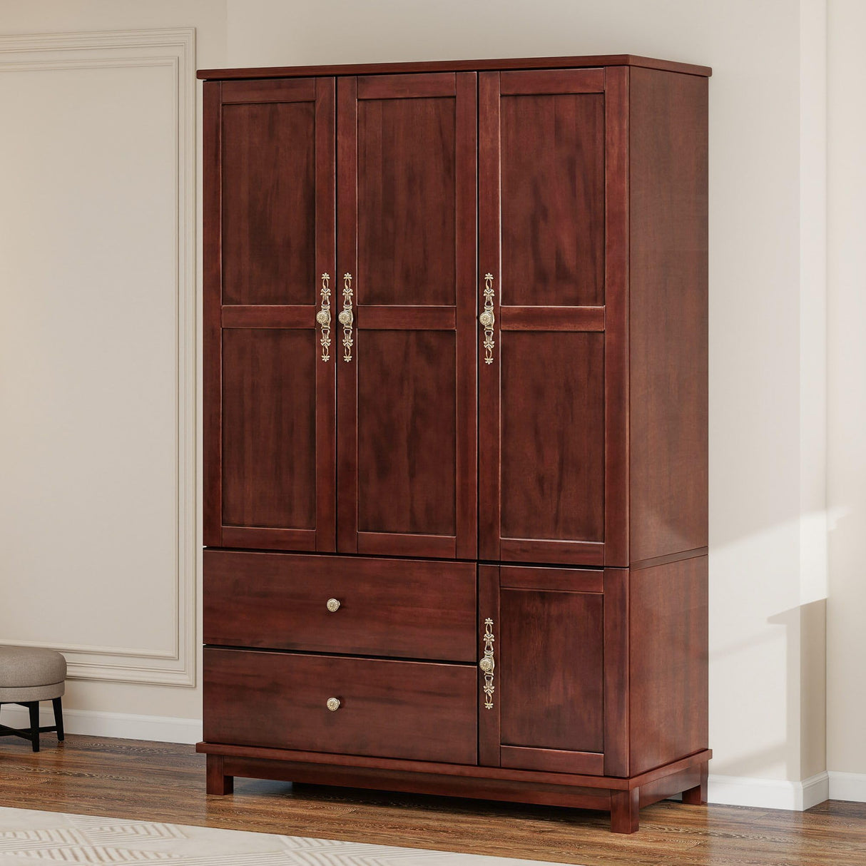 Tafeumob Solid Wood Armoire Wardrobe: 3 Doors Solid Wood Bedroom Armoires with Hangingrod Clothes Organizer Cabinet Storage with 2 Drawers Brown Finish 46.3" L x 19.69" W x 70.87" H Tafeumob