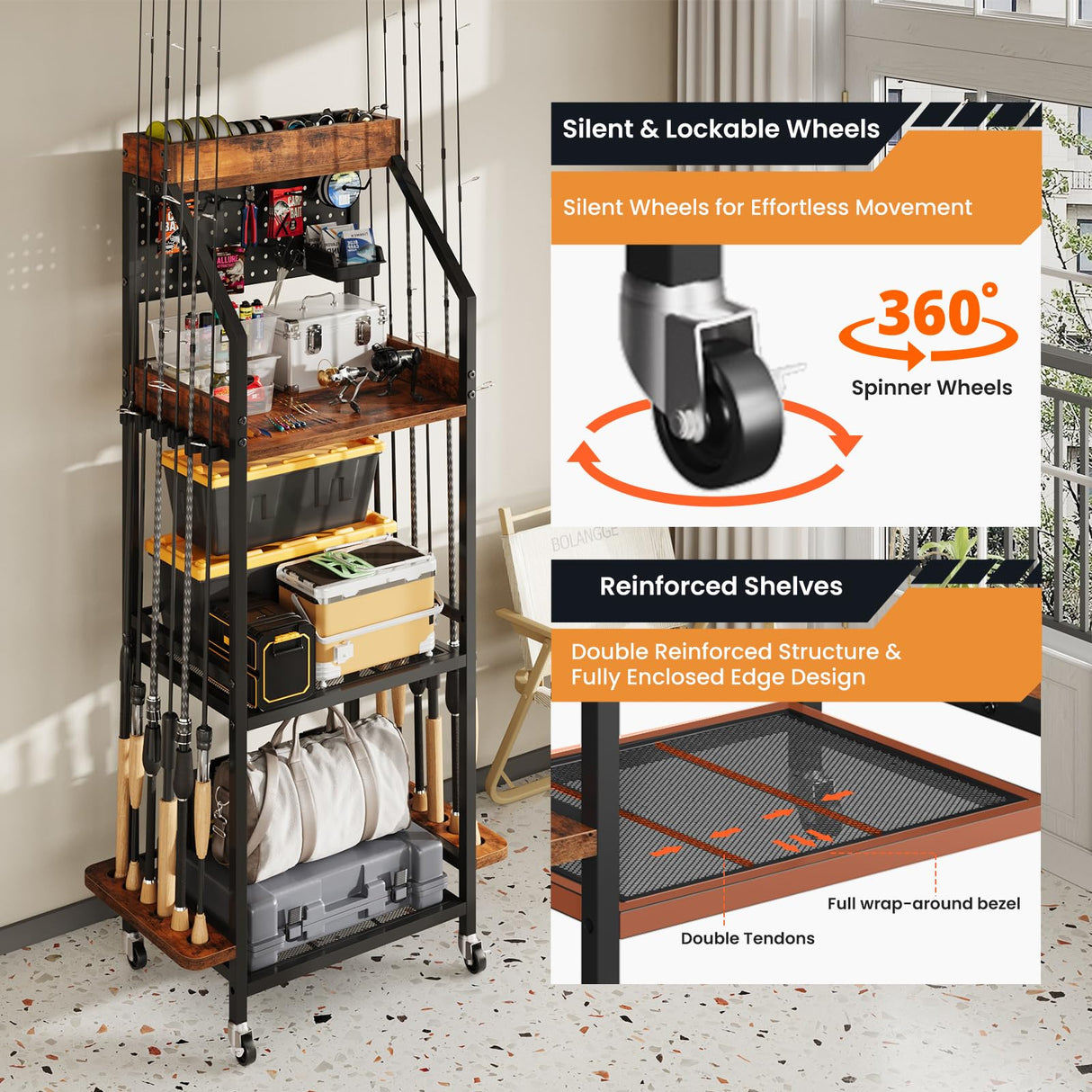 KITIVIALA Fishing Rod Holder for Garage with Hooks & Pegboard, 3-Tier Fishing Pole Rack Holds 12 Rods, Rolling Fishing Rod Storage Organizer with Wooden Tool Box, Fishing Tackle Shelf for Anglers KITIVIALA